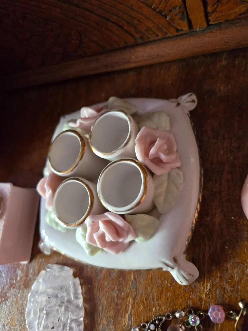 Vintage Porcelain White and Pink Rose Lipstick Holder Romantic Cottagecore